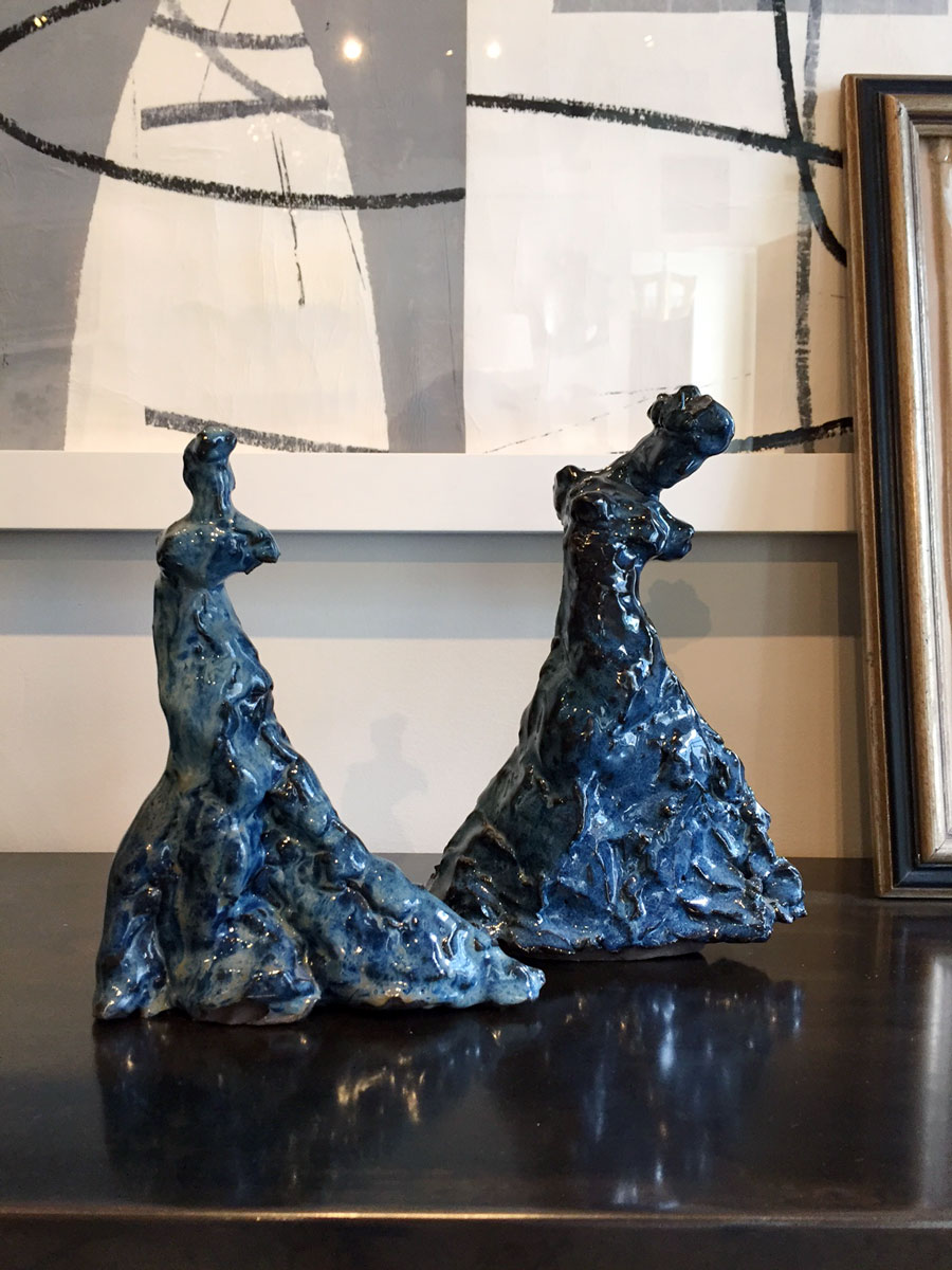 Blue Glazed Ceramic Figure of Forward Woman (pair), by Christopher Flach
